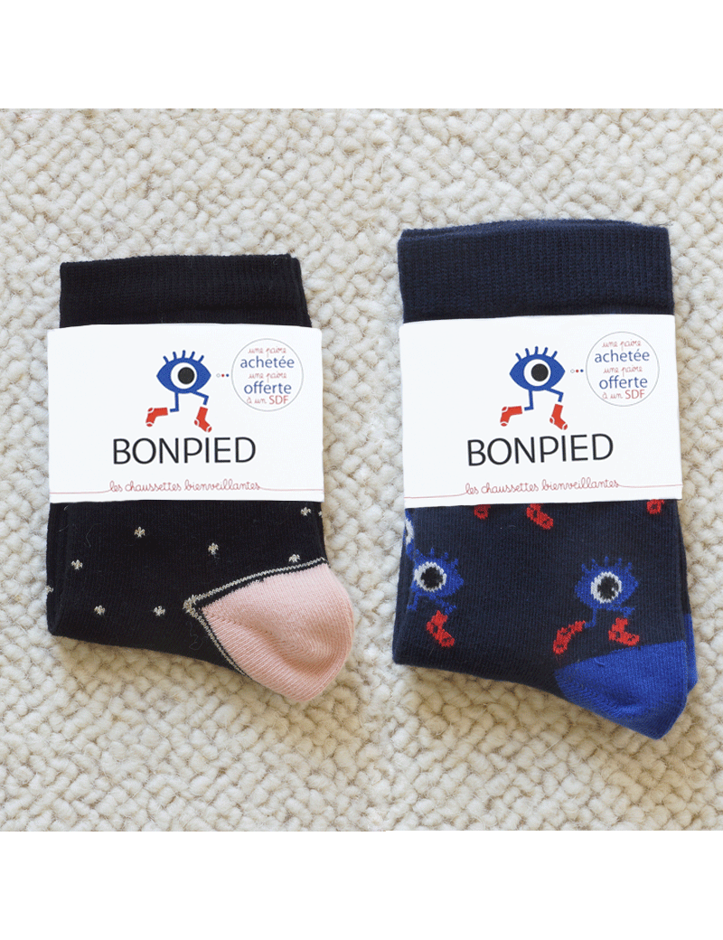 Pack de Chaussettes Solidaires Bonpied pour homme et femme modèle Pack de 2 paires de chaussettes: Claudine et le Grand Edgar Pack de Chaussettes Solidaires Bonpied pour homme et femme modèle Pack de 2 paires de chaussettes: Claudine et le Grand Edgar