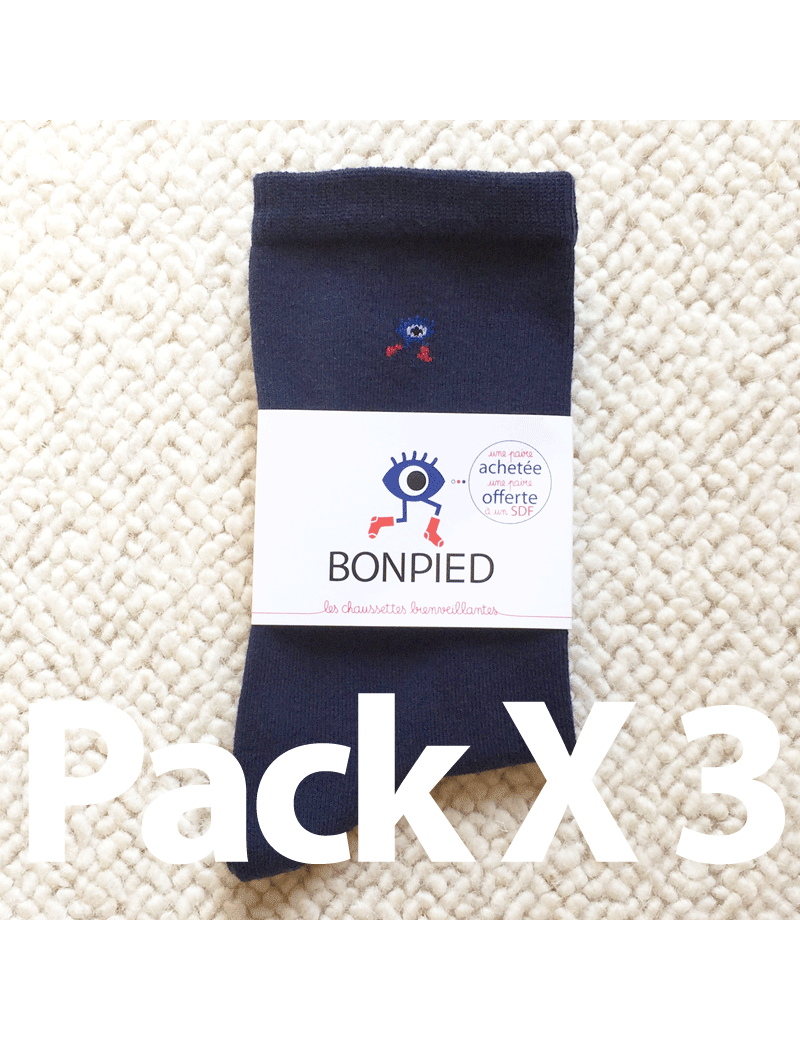 Pack de Chaussettes Solidaires Bonpied pour homme et femme modèle Pack de 3 paires de chaussettes Sacha (en fil recyclé) bleu... Pack de Chaussettes Solidaires Bonpied pour homme et femme modèle Pack de 3 paires de chaussettes Sacha (en fil recyclé) bleu...