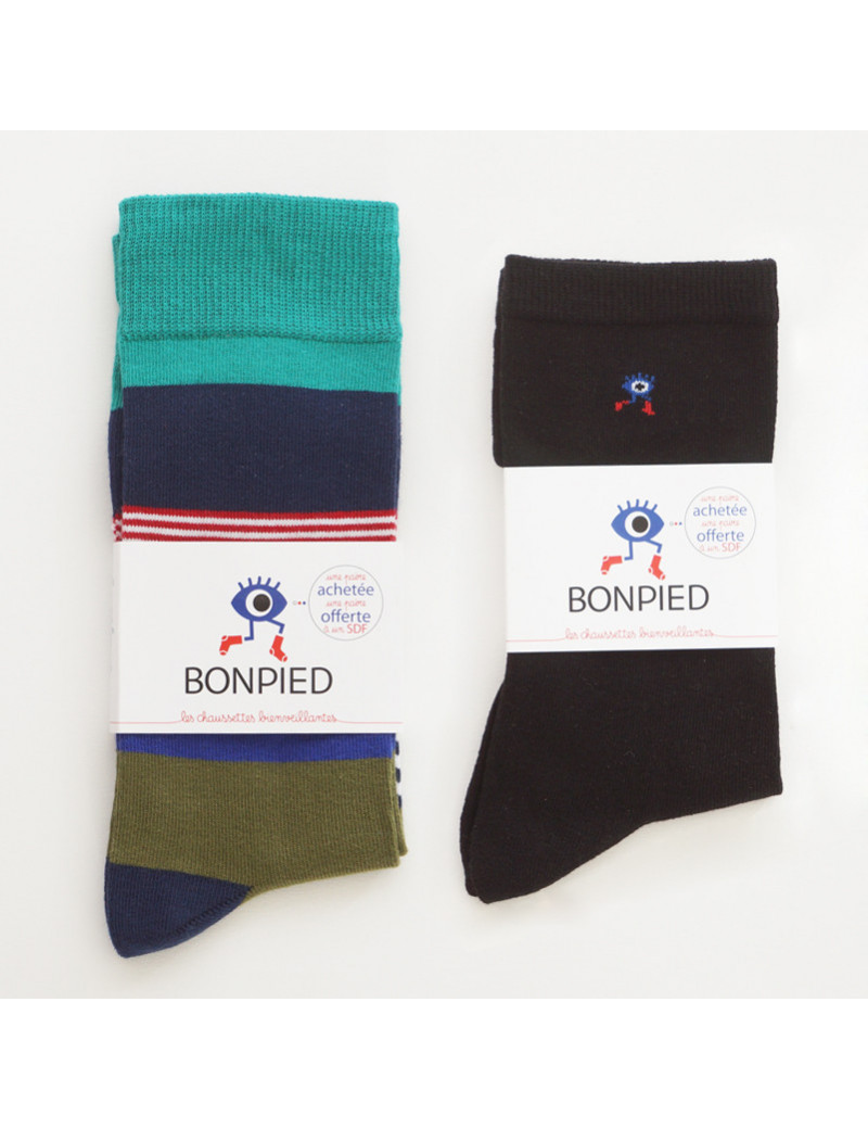 Chaussettes Solidaires Bonpied pour homme modèle Pack de 2 paires de chaussettes: Tahar & Sacha Noir Chaussettes Solidaires Bonpied pour homme modèle Pack de 2 paires de chaussettes: Tahar & Sacha Noir