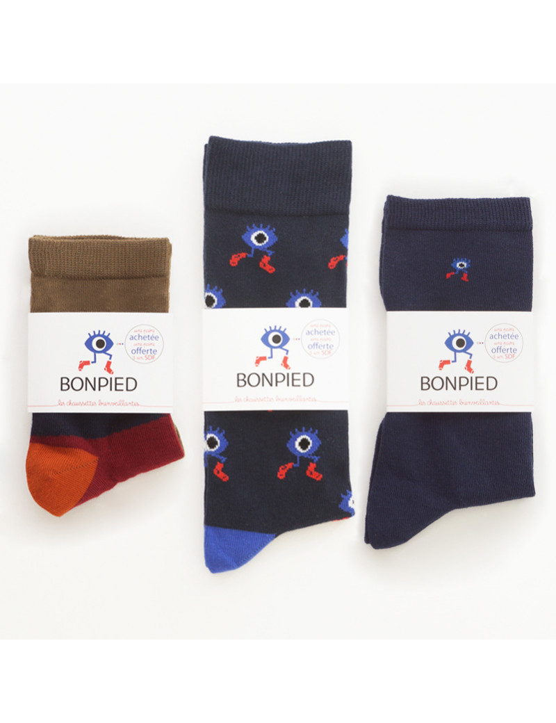 Chaussettes Solidaires Bonpied pour homme modèle Pack de 3 paires de chaussettes: Roméo, le Grand Edgar & Sacha marine