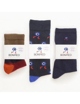 Chaussettes Solidaires Bonpied pour homme modèle Pack de 3 paires de chaussettes: Roméo, le Grand Edgar & Sacha marine