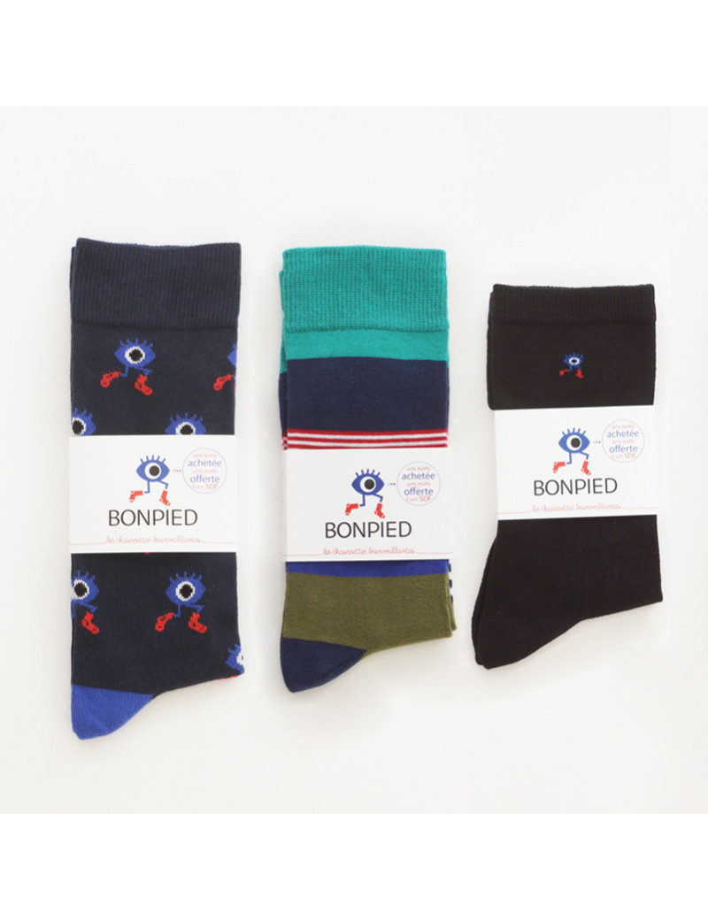 Chaussettes Solidaires Bonpied pour homme modèle Pack de 3 paires de chaussettes: Le grand Edgar, Tahar & Sacha Noir Chaussettes Solidaires Bonpied pour homme modèle Pack de 3 paires de chaussettes: Le grand Edgar, Tahar & Sacha Noir