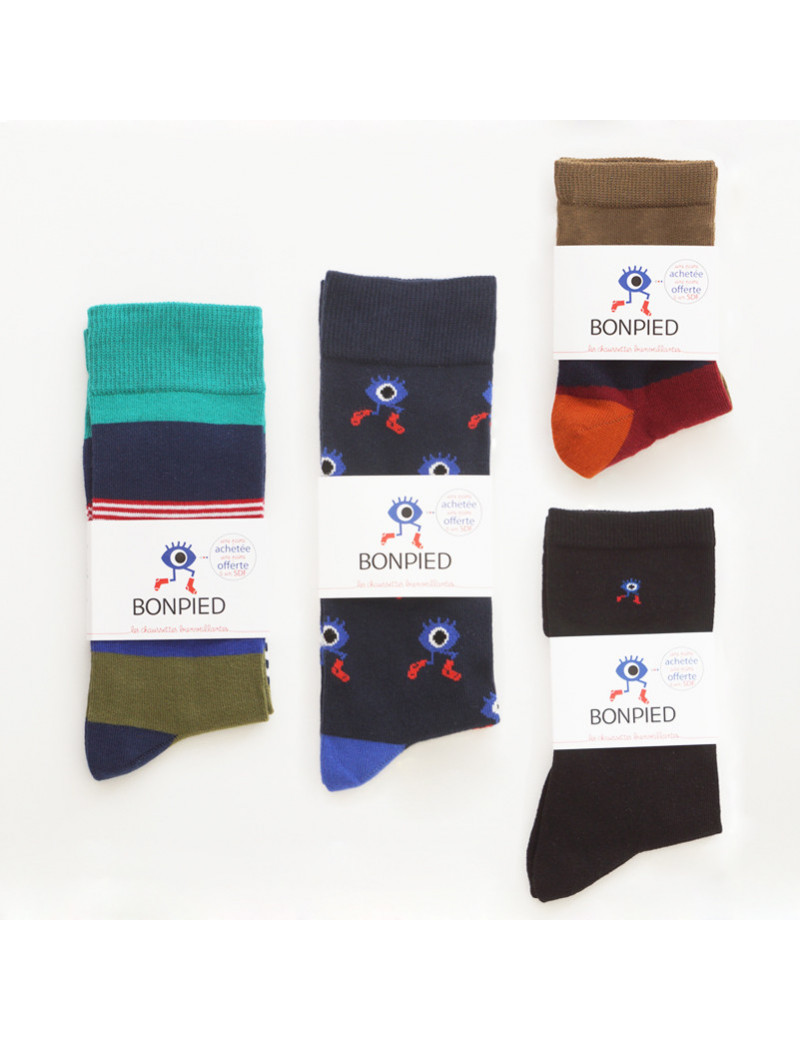Chaussettes Solidaires Bonpied pour homme modèle Pack de 4 paires de chaussettes: Tahar, le Grand Edgar, Romeo & Sacha Noir Chaussettes Solidaires Bonpied pour homme modèle Pack de 4 paires de chaussettes: Tahar, le Grand Edgar, Romeo & Sacha Noir