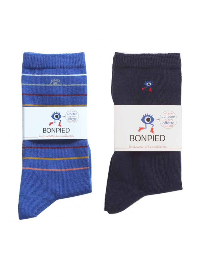 Chaussettes Solidaires Bonpied Pack de 2 paires de chaussettes: Pablo et Sacha marine Chaussettes Solidaires Bonpied Pack de 2 paires de chaussettes: Pablo et Sacha marine