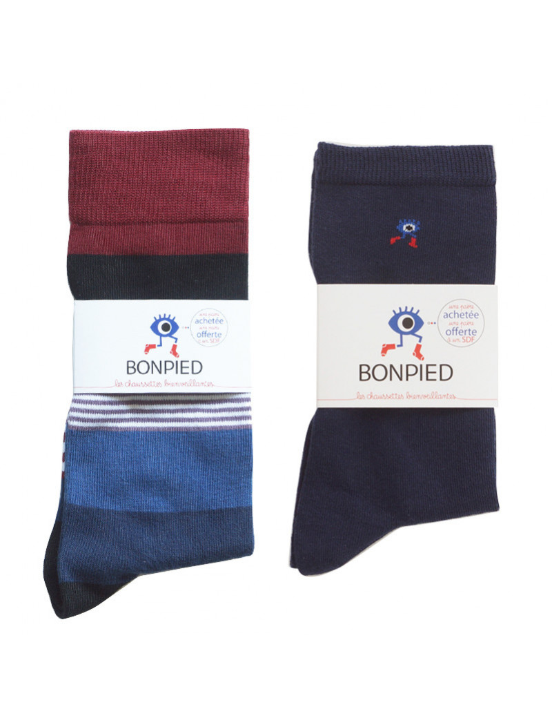 Chaussettes Solidaires Bonpied pour homme modèle Pack de 2 paires de chaussettes: Théodore et Sacha Marine