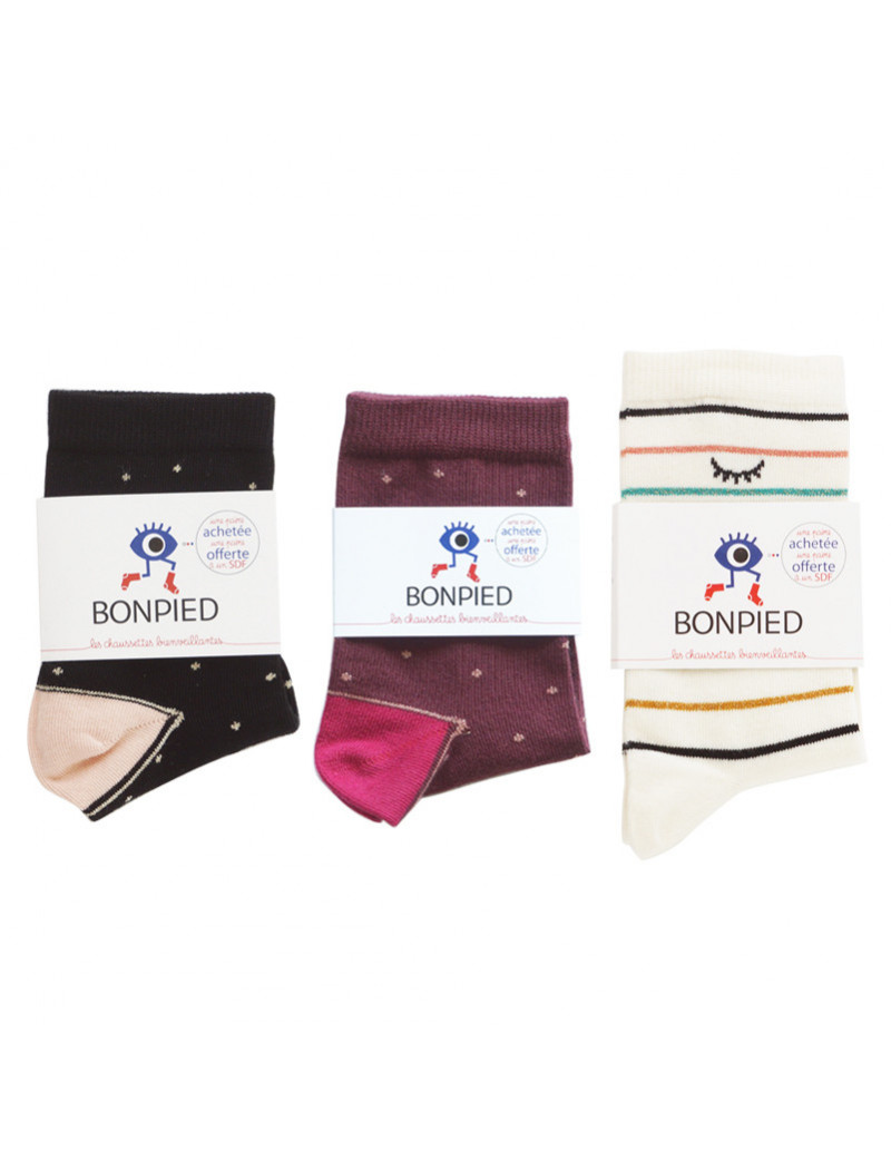 Chaussettes Solidaires Bonpied Pack de 3 paires de chaussettes: Claudine, Yasmine et Simone Chaussettes Solidaires Bonpied Pack de 3 paires de chaussettes: Claudine, Yasmine et Simone
